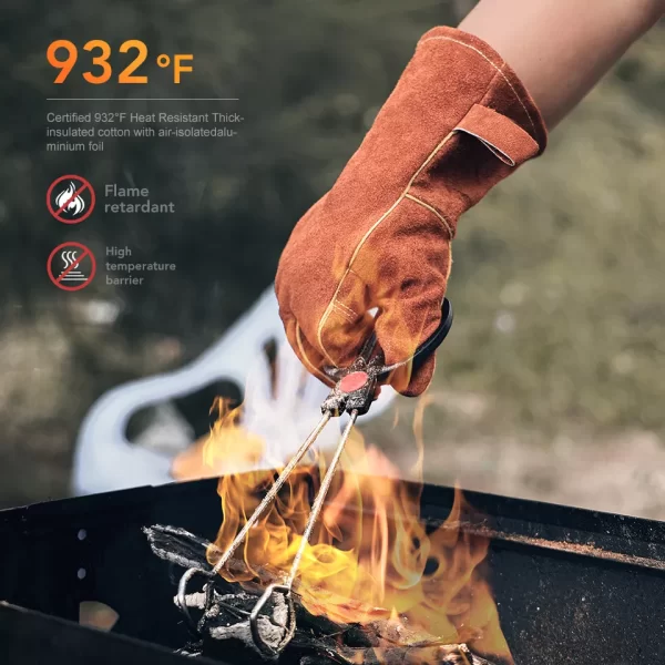 OZERO | OEM Cowhide Leather Suede Brown Welding BBQ Oven Camp Fire Retardant Long Cuff Gloves Heat Resistant .