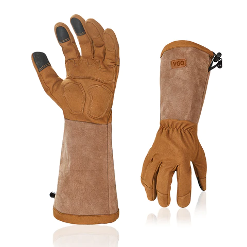 VGO Men's Synthetic Leather Extended Pig Split Leather Cuff Rose Pruning Thorn Proof Garden Gloves
